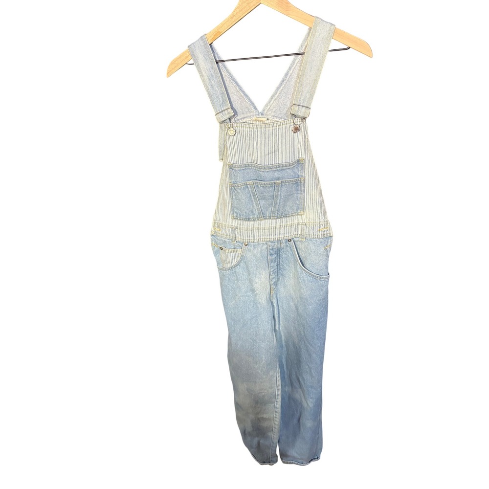 Vtg Whooz Blooz Denim Striped Overalls Womens Size M Light Wash Bib Jumper